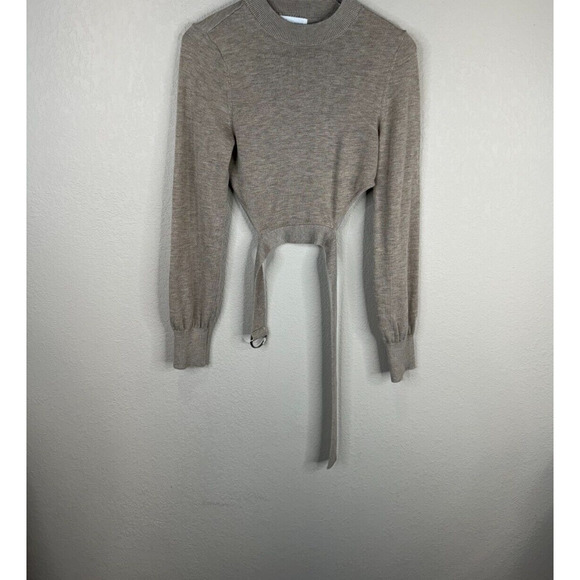 Lovers + Friends Cropped Sweater Size Small Beige Crewneck Tie Waist Wool Blend‎ - Picture 1 of 12